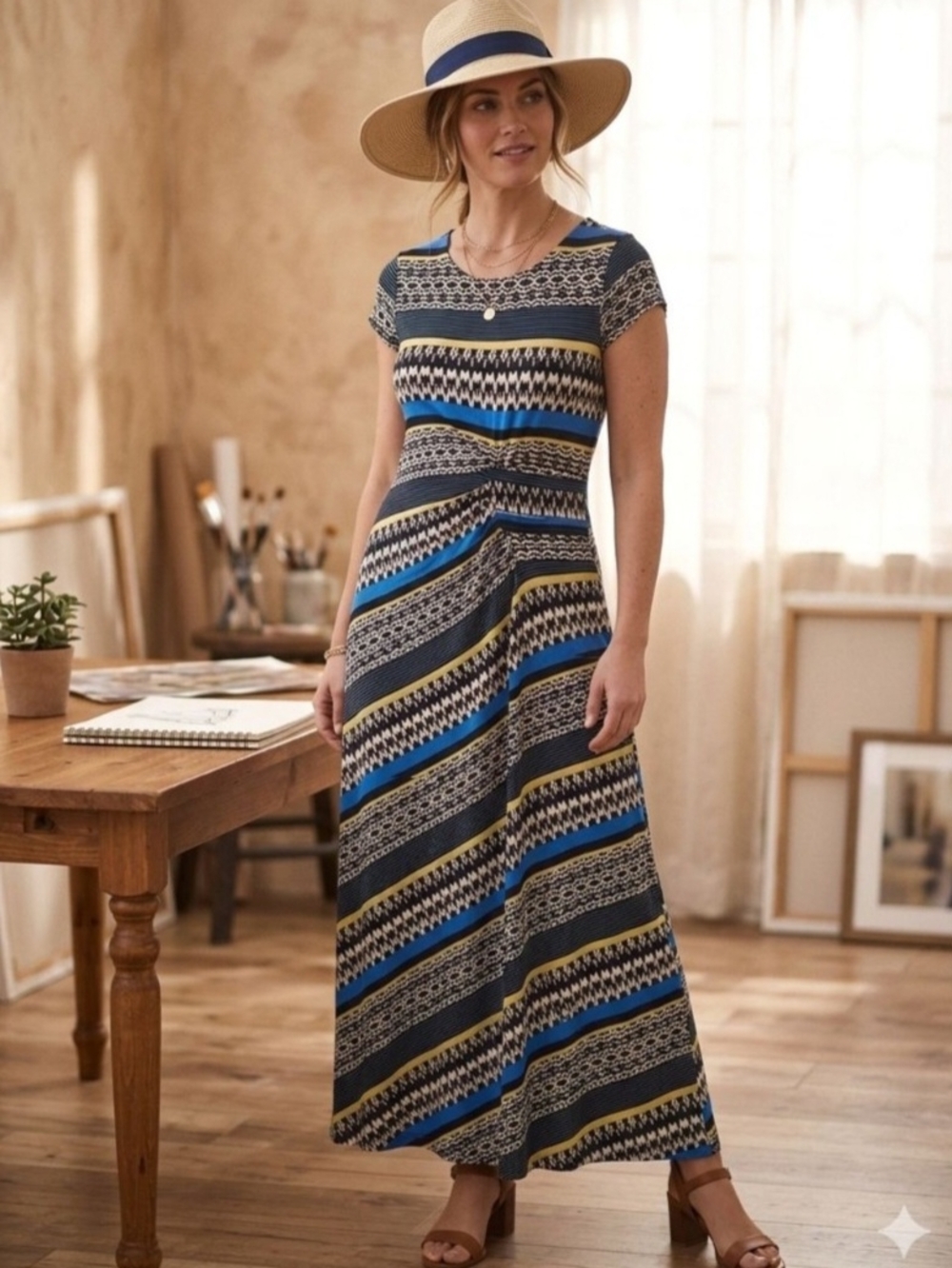 ECI  Navy, Blue & Yellow Striped Maxi Dress. Size XL